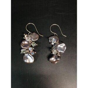 Vintage Sterling Silver 925 Freshwater Pearl Crystal Cluster Dangle Earrings 1.5
